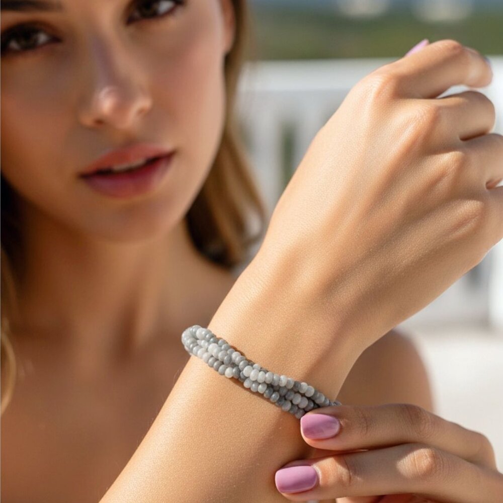 Artisan Grey Moonstone 3 Row Bracelet Stainless Steel Layered Bead Stack New